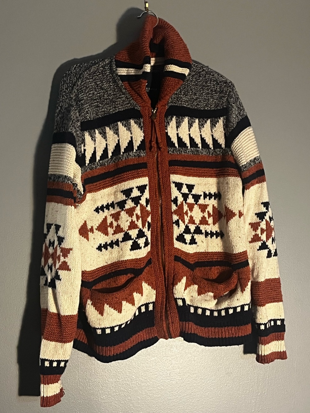American Eagle Outfitters Rust, Cream & Black Aztec Zip Cardigan